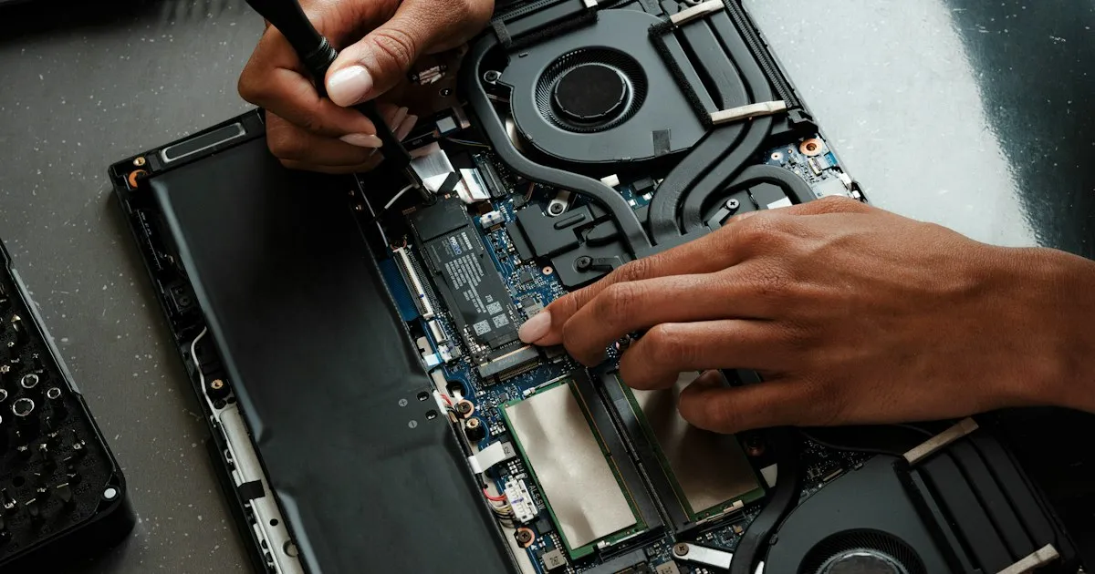 Técnico realizando mantenimiento a una laptop con destornillador